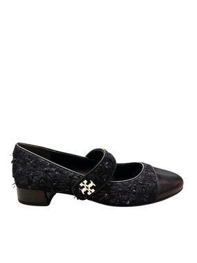TORY BURCH Black Bouclé Leather Low Heel Cap Toe Mary Jane Ballet Flats